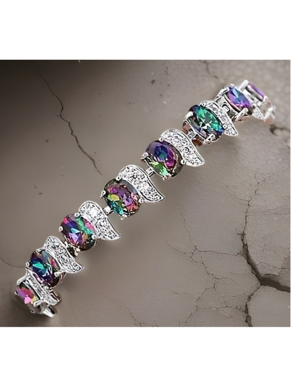 Rhodium Plated Fire Magenta Purple Green Created Mystic Topaz SilverTn Bracelet
